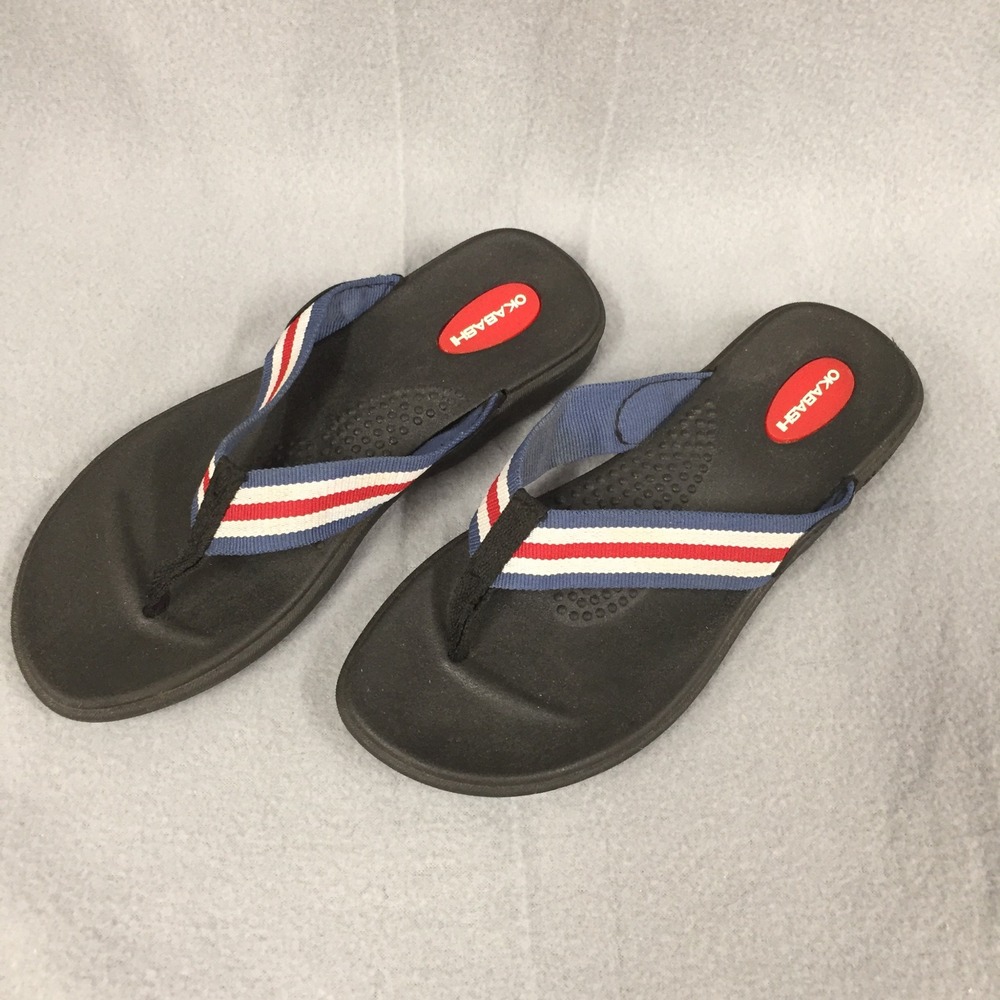 Okabashi Womens Flip Flop Sandals Black Red White Blue Striped Size S